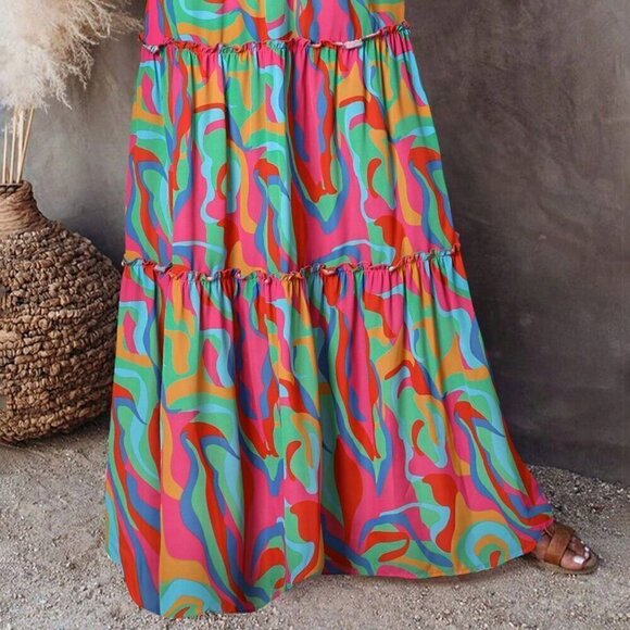 Multicolor Casual Women's Boho Abstract Print Long Elastic Waist A Line Skirt - Picture 3 of 3